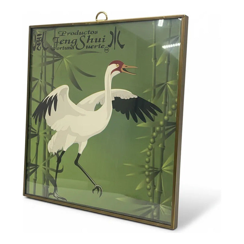 Cuadro Decorativo Feng Shui Grulla Bambú Suerte 20x20cm Dorado/verde by HEREJE