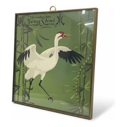 Cuadro Decorativo Feng Shui Grulla Bambú Suerte 20x20cm Dorado/verde by HEREJE