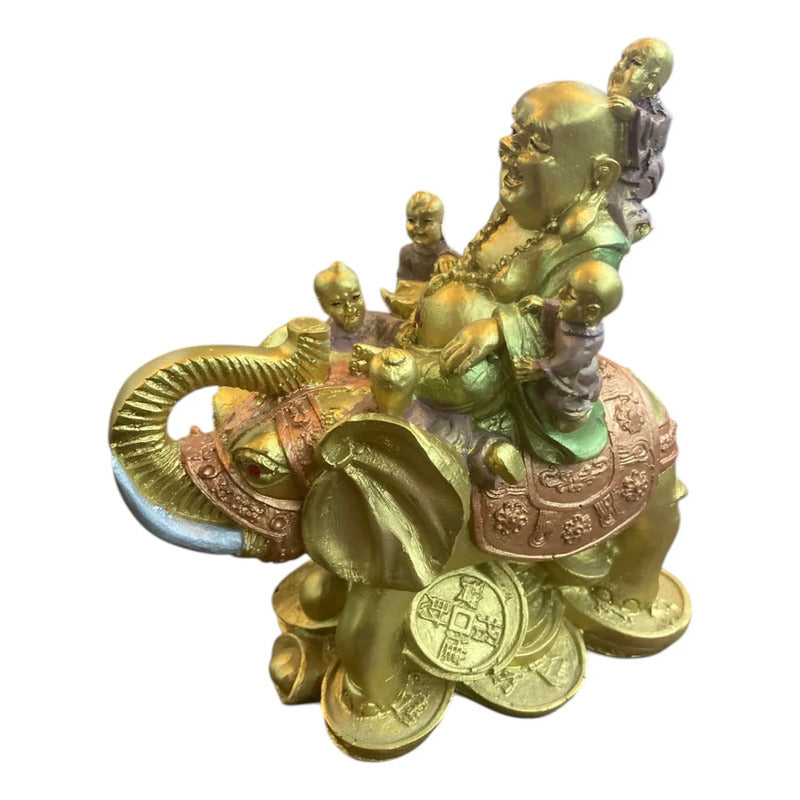 Buda Sonriente Con Elefante Y Monedas 15 Cm Dorado by HEREJE