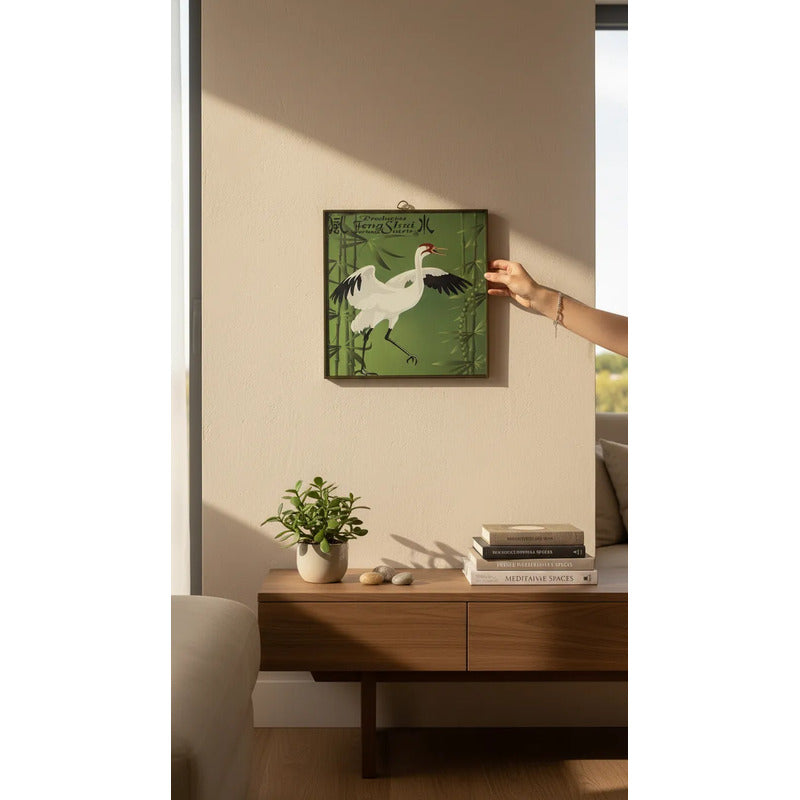 Cuadro Decorativo Feng Shui Grulla Bambú Suerte 20x20cm Dorado/verde by HEREJE