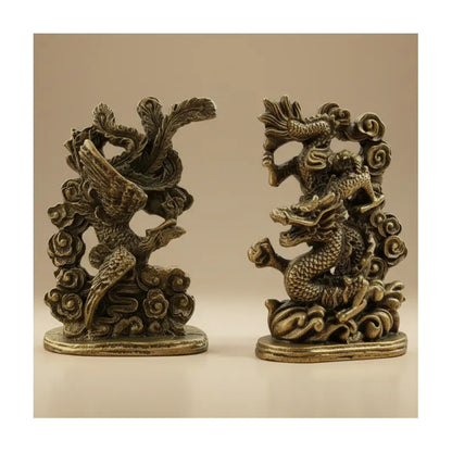 Kit Feng Shui: Ave Fénix Estatua Resina Dorado Oscuro 13cm + Dragón Chino Abundancia Dorado 13cm by HEREJE