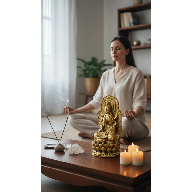Figura Diosa Kuan Yin Resina 19 Cm Feng Shui Dorado by HEREJE