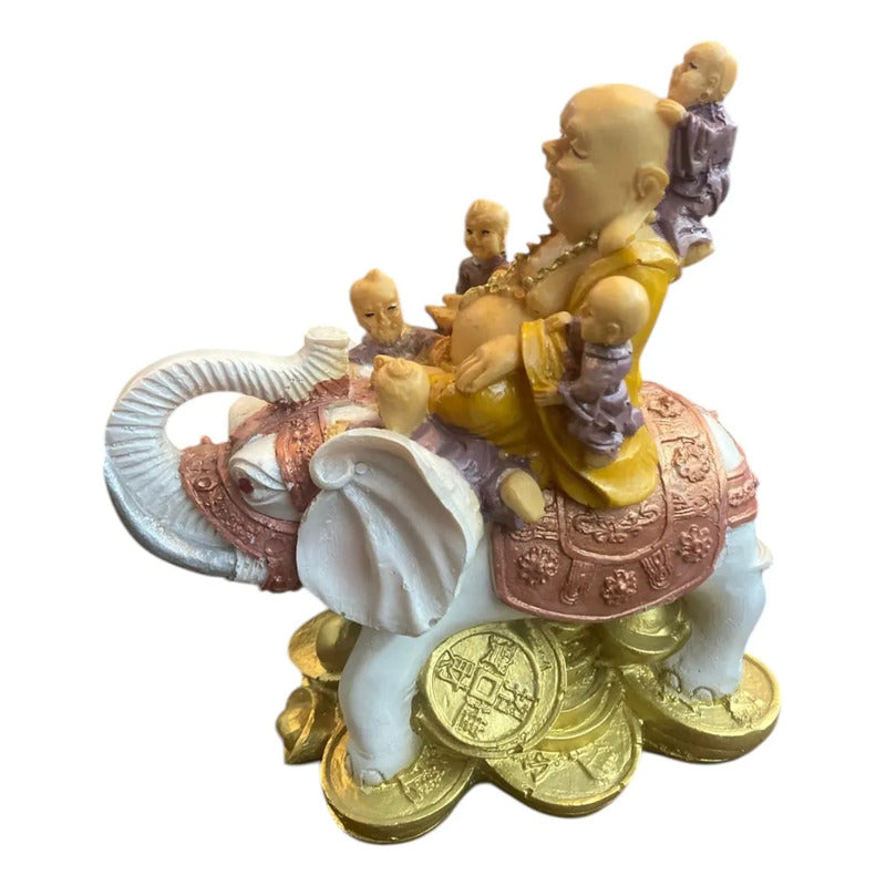 Buda Sonriente Con Elefante Y Monedas 15 Cm Blanco by HEREJE