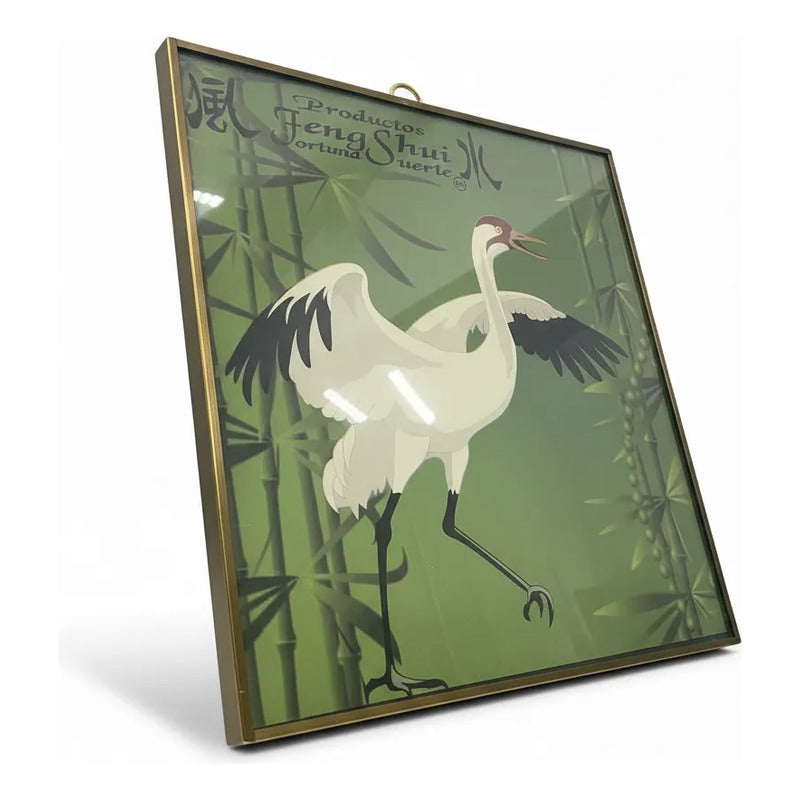 Cuadro Decorativo Feng Shui Grulla Bambú Suerte 20x20cm Dorado/verde by HEREJE