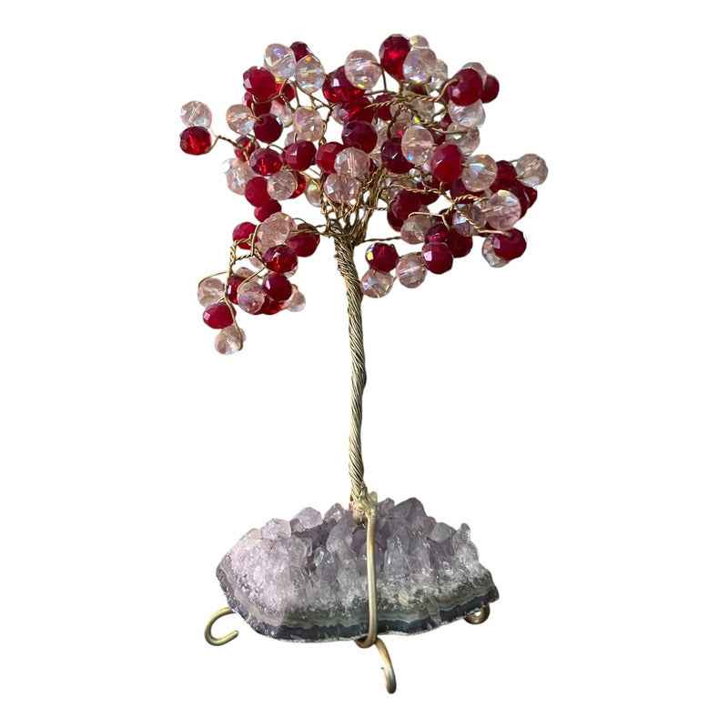 Arbol De La Vida En Cristal Con Base De Cuarzo, 14 Cm Altura Transparente/rojo