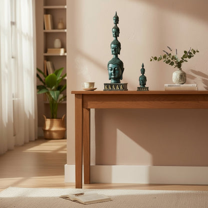 Buda Pedestal Cabezas Figura De Resina 26 Cm Alto