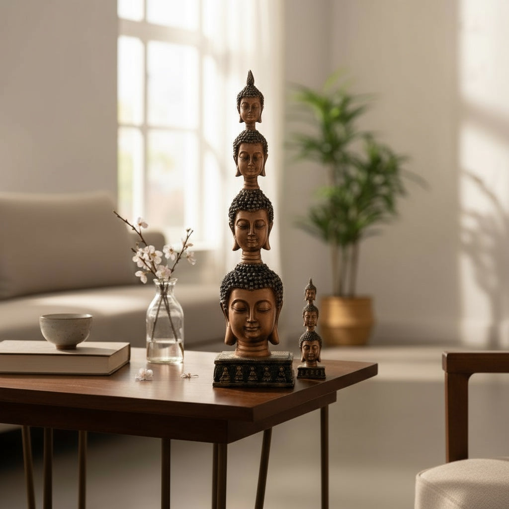 Buda Pedestal Cabezas Figura De Resina 26 Cm Alto