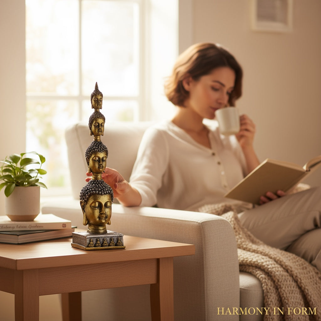 Buda Pedestal Cabezas Figura De Resina 26 Cm Alto