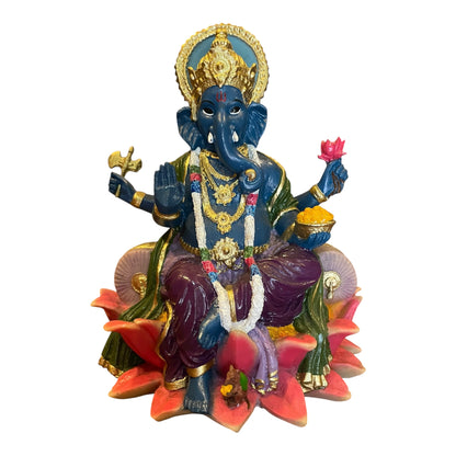 Ganesh Flor De Loto Figura En Resina Nacional 19 Cm Pintado