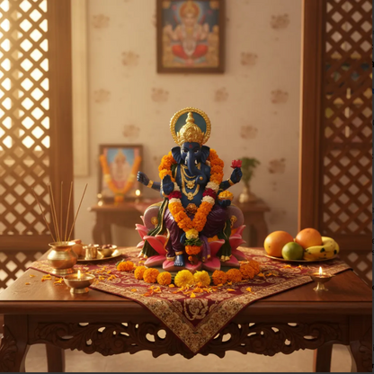 Ganesh Flor De Loto Figura En Resina Nacional 19 Cm Pintado