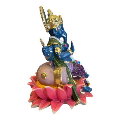 Ganesh Flor De Loto Figura En Resina Nacional 19 Cm Pintado