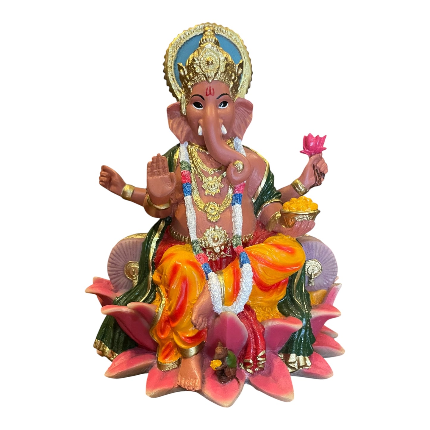 Ganesh Flor De Loto Figura En Resina Nacional 19 Cm Pintado