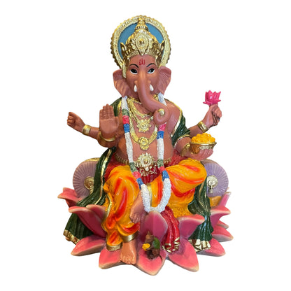 Ganesh Flor De Loto Figura En Resina Nacional 19 Cm Pintado