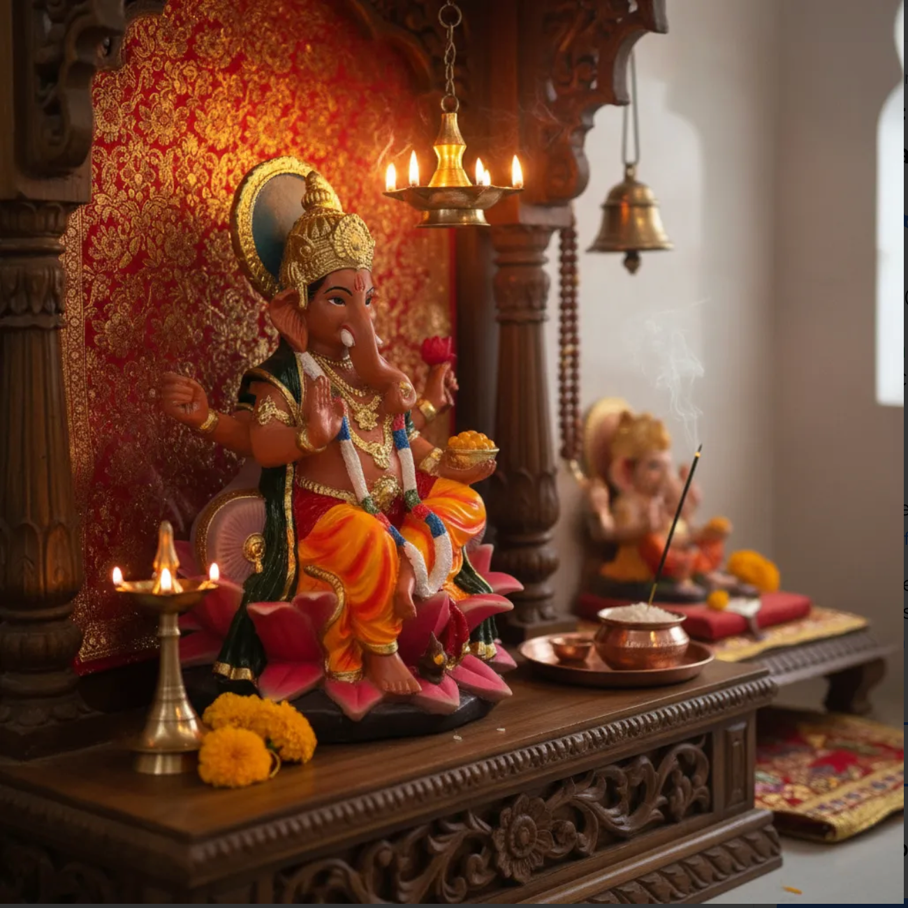 Ganesh Flor De Loto Figura En Resina Nacional 19 Cm Pintado