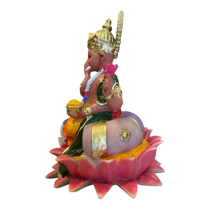 Ganesh Flor De Loto Figura En Resina Nacional 19 Cm Pintado