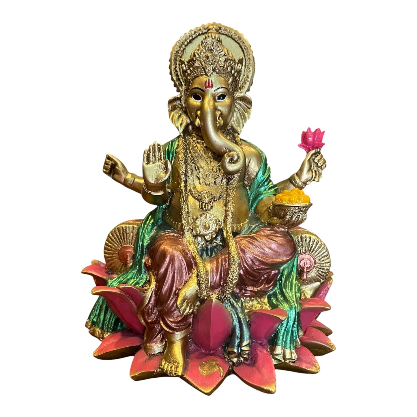 Ganesh Flor De Loto Figura En Resina Nacional 19 Cm Pintado