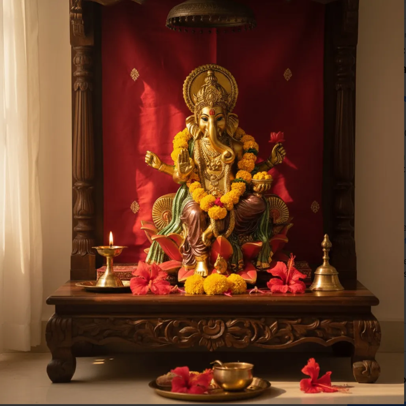 Ganesh Flor De Loto Figura En Resina Nacional 19 Cm Pintado