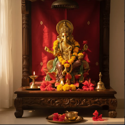 Ganesh Flor De Loto Figura En Resina Nacional 19 Cm Pintado