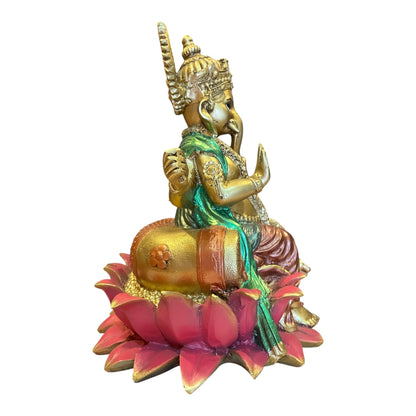 Ganesh Flor De Loto Figura En Resina Nacional 19 Cm Pintado
