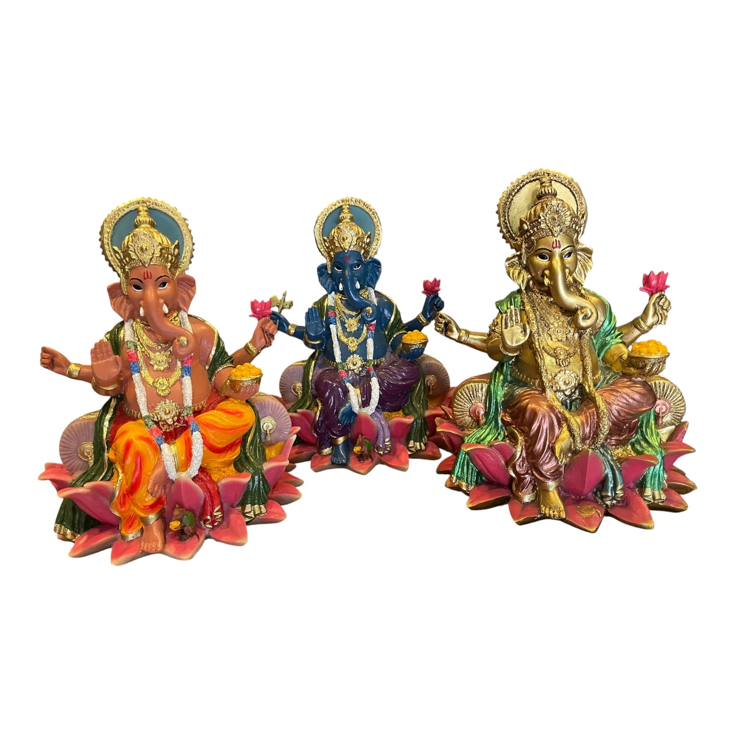 Ganesh Flor De Loto Figura En Resina Nacional 19 Cm Pintado