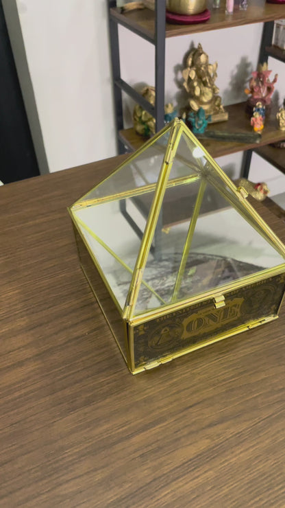 Caja De Vidrio Doble Piramide Con Billete Parrilla Reiki 19x15x15 cm